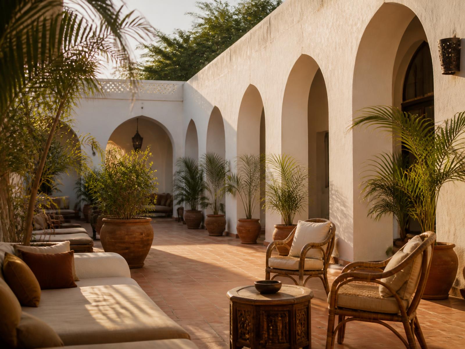 Sunlit courtyard of a boutique hotel with arches, rattan chairs and potted palms